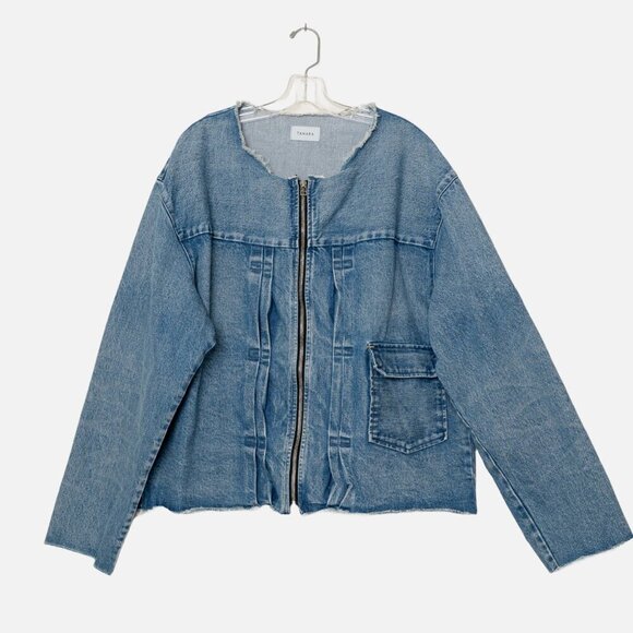 TANAKA Denim Work Jacket No Collar Raw Hem Zip Blue Mid Washed Unisex - Picture 1 of 13